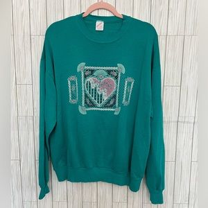Vintage Women’s Jerzees Teal Floral Heart Crewneck‎ Sweatshirt Size XL